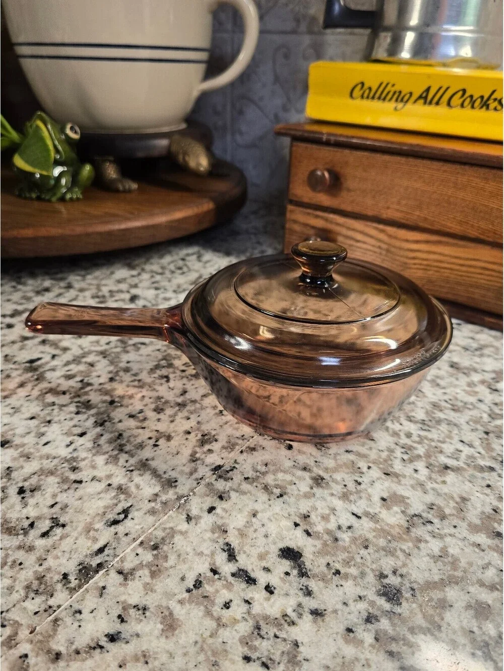 Glass Pot Vision Ware .5 Liter saucepan with lid. Lid has small chip